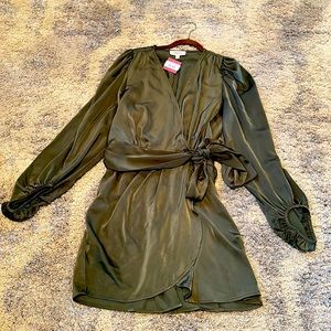 Olive long sleeve wrap tie dress